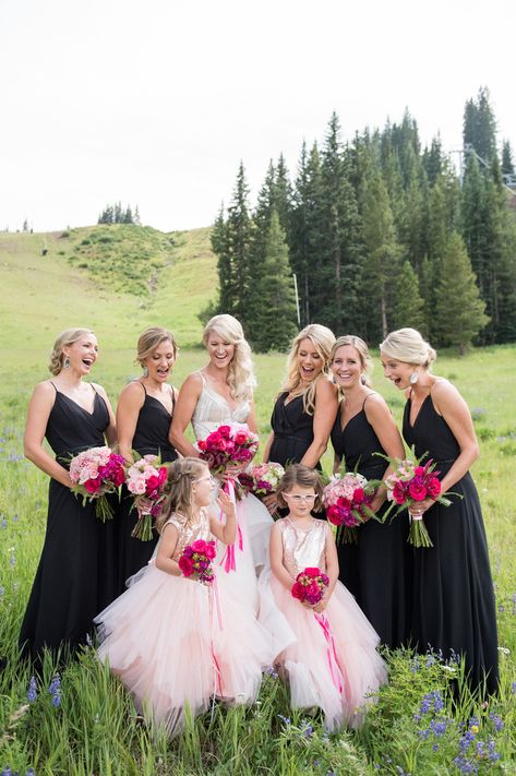 Black Tie And Pink Wedding, Black Pink White Wedding, Blush Pink Black And White Wedding, Black Pink And White Wedding, Black And Pink Bridesmaid Dresses, Black White And Light Pink Wedding, Hot Pink And Black Wedding Theme, Black Bridesmaid Dresses Pink Flowers, Black Red Pink Wedding