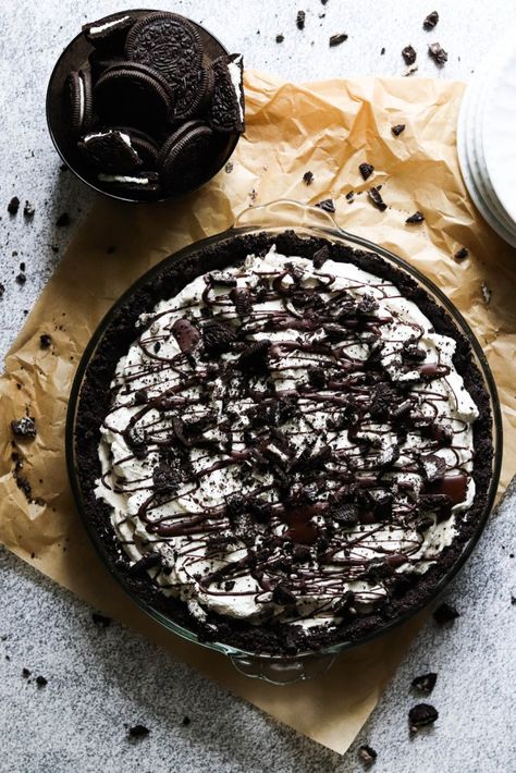 No-Bake Cookies and Cream Pie - Salted & Sweet Cookies N Cream Pie, Cookie And Cream Pie, Easy Oreo Pie, Cookies And Cream Pie, Oreo Cream Pie, No Bake Oreo Pie, Homemade Magic Shell, Sweet Cream Cheese Filling, Chocolate Cookie Crust