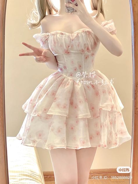 Puffy Dresses Short Casual, Cute Dresses Coquette, Ethereal Core Outfits, Cute Outfits Dresses Girly, Cute Fluffy Dresses, Bloomcore Outfits, Cocette Aesthetic Outfits, Vestido Coquette, Vestidos Coquette