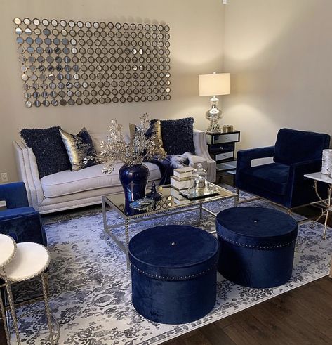 Blue And Gold Living Room, Blue Furniture Living Room, Beauty Cabin, Blue Sofa Living, Blue Sofas Living Room, Silver Living Room, Gold Living Room Decor, Navy Living Rooms, Navy Blue Living Room