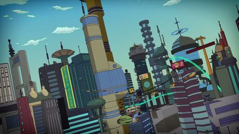 Futurama Background, Future City, Futurama, Art Google, Animation Art, Background Design, Movie Tv, Concept Art, Sketch