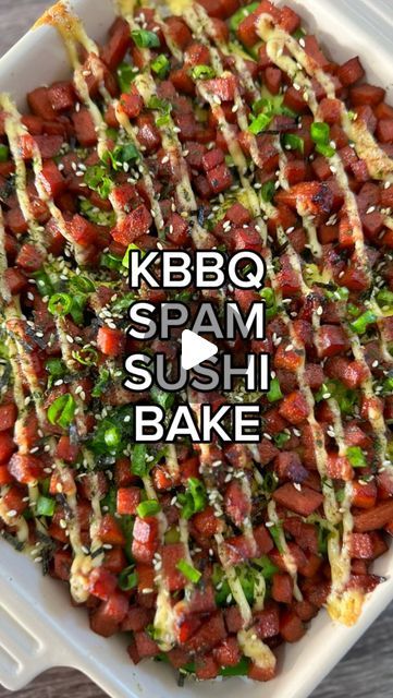 Vince Vasquez on Instagram: "Have you had the new Korean BBQ @spambrand ? It’s got a little heat, the flavor of sesame oil, and the savoriness you come to crave in a delicious loaf of SPAM. This went perfectly in the SPAM sushi bake I made with white rice, avocado, @ponofoodsco furikake (check the link in my bio to order) and a topping of Japanese mayo and green onions. So easy and delicious!  Ingredients  1 can SPAM Korean BBQ flavor cubed (or any flavor) Cooking spray 1 tbsp sugar 1 tbsp light soy sauce (2 tbsp if using plain SPAM) 1 tbsp mirin Cooked white rice Sliced avocado @ponofoodsco furikake Kewpie mayonnaise  Sliced green onions  1. In a skillet brown cubed SPAM over medium high heat. Add in mixture of sugar, soy sauce and mirin and lower heat to medium. Cook until sauce has redu Dairy Free Vegetable Recipes, Spam Recipes Dinners, Spam Sushi, Spam Musubi Recipe, Baked Brown Rice, Musubi Recipe, Japanese Mayo, Cooked White Rice, Rice Avocado