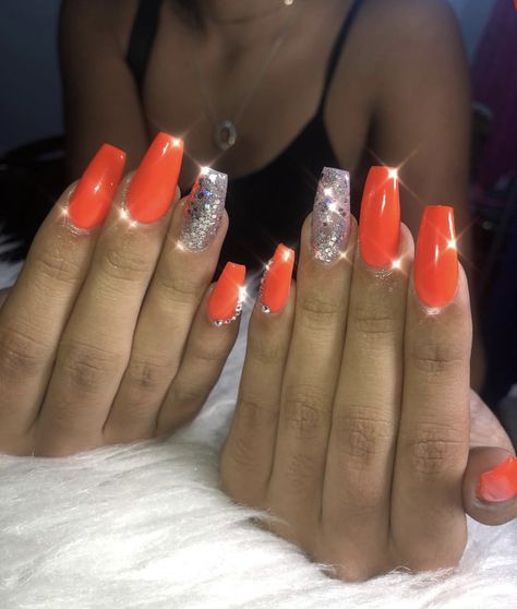 cute vibrant red/orange coffin acrylic nails for the summer #acrylicnails #summernails #coffinnails #vibrant #orange #shimmer Neon Orange Chrome Nails, Orange Nails With Rhinestones, Yellow And Orange Nails Design, Orange And Silver Nails, Orange Prom Nails, Hoco Corsage, Black Sparkle Nails, Black Prom Nails, Sliver Nails