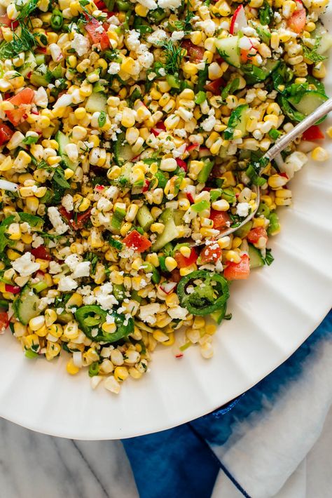 This delicious corn salad recipe features raw sweet corn, fresh herbs, radish and more. It's the perfect summertime salad! #cornsalad Corn Salad Recipe, Fresh Corn Salad, Summertime Salads, Corn Salad Recipes, Simple Vinaigrette, Salad Leaves, Summer Salad Recipes, Corn Salad, Corn Salads