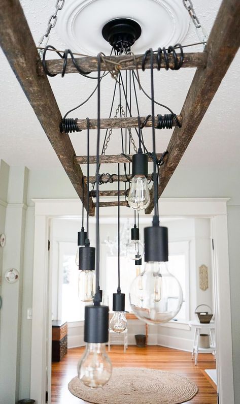 Ladder Light Fixture, Light Fixture Diy, Ladder Chandelier, Edison Bulb Chandelier, Antique Ladder, Bulb Chandelier, Easy Home Improvement Projects, Antique Brass Chandelier, Dining Room Light Fixture