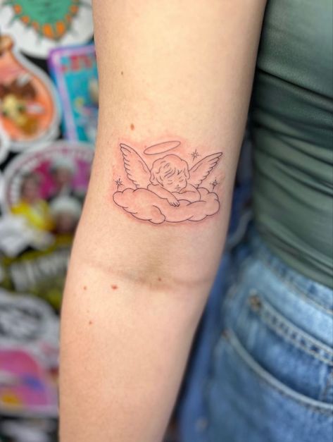 Red Cupid Tattoo, Angel In The Clouds Tattoo, Cherub Arm Tattoo, Cloud And Angel Tattoo, Fineline Cherub Tattoo, Red Cherub Tattoo, Cute Cherub Tattoo, Angel On A Cloud Tattoo, Fine Line Cherub Tattoo