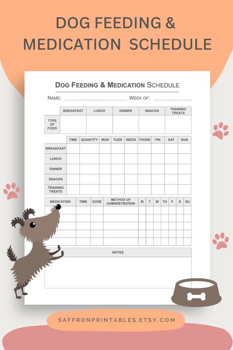 Keep your pup’s routine on track with this easy-to-follow, one-page dog feeding and medication schedule. With simple instructions, you’ll have no trouble tracking when your pup needs to eat and take their medication. Keep them healthy and happy with this helpful schedule! Dog Feeding Chart, Pet Printables, Cat Feeding Schedule, Dog Feeding Schedule, Dog Meds, Medication Schedule, Pet Planner, Sleep Chart, Foster Puppies