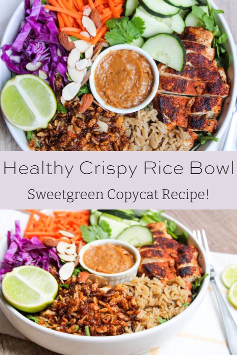 This crispy rice bowl is a healthy sweetgreen copycat recipe. With crispy rice, blackened chicken, and a spicy cashew dressing, your taste buds and your wallet will thank you! Sweetgreen Blackened Chicken Recipe, Sweetgreen Crispy Rice Bowl Recipe, Crispy Rice Bowl Sweetgreen, Sweet Green Crispy Rice Bowl, Thai Chicken Rice Bowl, Zao Asian Cafe Copycat Recipe, Zao Copycat Recipes, Crisp And Green Copycat, Crispy Rice Salad With Chicken