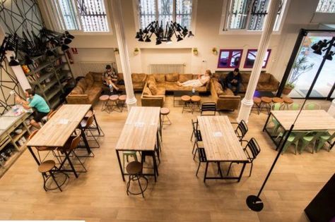 17 Cheap Hostels in Barcelona [BARGAIN GUIDE] – One Weird Globe Hostel Common Area, Common Area Design, Hostel Design, Hostels Design, Youth Hostel, Pub Crawl, School Project, Rooftop Terrace, Mediterranean Style