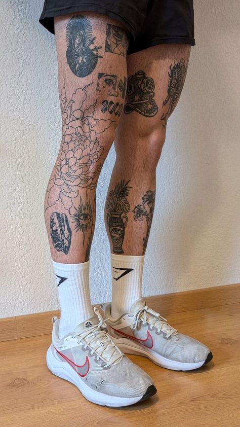 Men’s Tatoos Leg, Tatoos Leg Man, Leg Stencil Tattoo Men, Mens Leg Sleeve Tattoo Design, Knee Tattoo Men Ideas Guys, Tattoo Design Drawings Leg, Different Shading For Tattoos, Men S Leg Tattoo, Patchwork Tattoo Ideas Legs Men