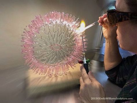 Working on a new direction of brightly colored marine life. This Plate Coral has transparent pink tentacles with purple tips. It has a central mouth. Glass Sculpture Art, Broken Glass Crafts, Melting Glass, Purple Tips, Slumped Glass, Art Studio Room, Fused Glass Artwork, Glass Fusing Projects, Mosaic Art Projects