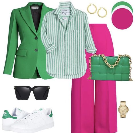 Green And White Combo Outfit, Neon Work Outfit, Pink And Green Business Casual, Chartreuse Blazer Outfit, Green Pants Pink Shirt Outfit, Bright Green Pants Outfit Women, Pink And Green Summer Outfits, Pink And Green Business Attire, Bright Office Outfits