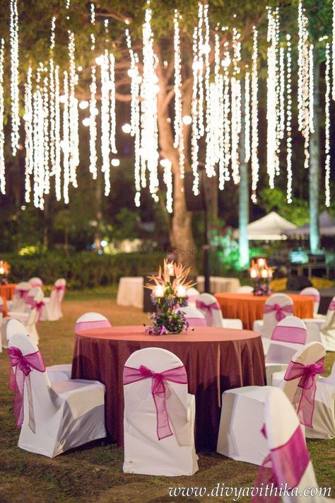 Photo of Engagement decor idea with hanging fairy lights Indian Wedding Garden Decoration, Outdoor Bridal Showers, Garden Party Bridal Shower, Wedding Hall Decorations, Marriage Decoration, Desi Wedding Decor, Wedding Backdrop Decorations, Bridal Decorations, Wedding Design Decoration