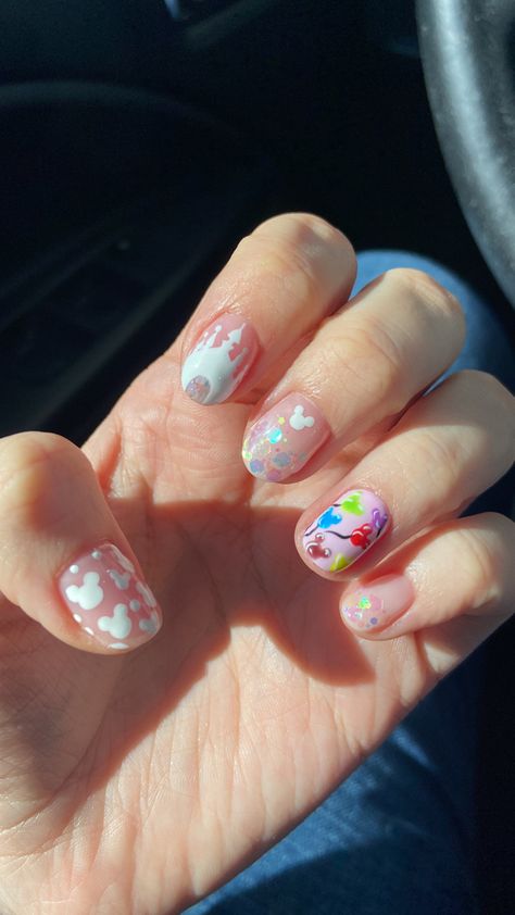 My nails for my Disney trip. Birthday Nails Disney, Disney Mickey Balloon Nails, Disney Nails Bright, Sparkle Disney Nails, Disney Pastel Nails, Sparkly Disney Nails, Mickey Balloon Nails, Magic Kingdom Nails, Disney Birthday Nails