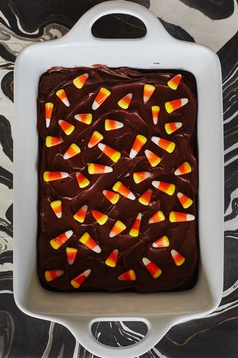 Chewy Candy Corn Brownies Recipe. Candy corn is a divisive item. Either you love candy corn (and I probably don't need to tell you how great they are with brownies) or you absolutely hate candy corn and require some convincing. Rich brownies are the ideal vehicle for candy corn; their moisture, buttery texture, and dark chocolate flavor tone down the candy corn's strong sweetness and chewy texture. Plus, look how cute they are on the baked brownies! Pumpkin Candy Corn Desserts, Candy Corn Brownies, Candy Corn Magic Bars, Candy Corn Baking Ideas, Candy Corn Peanut Bars, Candy Corn Recipe, Pinterest Cake, Baked Corn, Baking 101