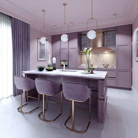 Purple Modern Kitchen, Purple Home Design, Lilac House Interior, Lilac Apartment Decor, Colorful China Cabinet, Purple House Interior, Lilac Home Decor, Pastel Purple Kitchen, Lilac Interior Design