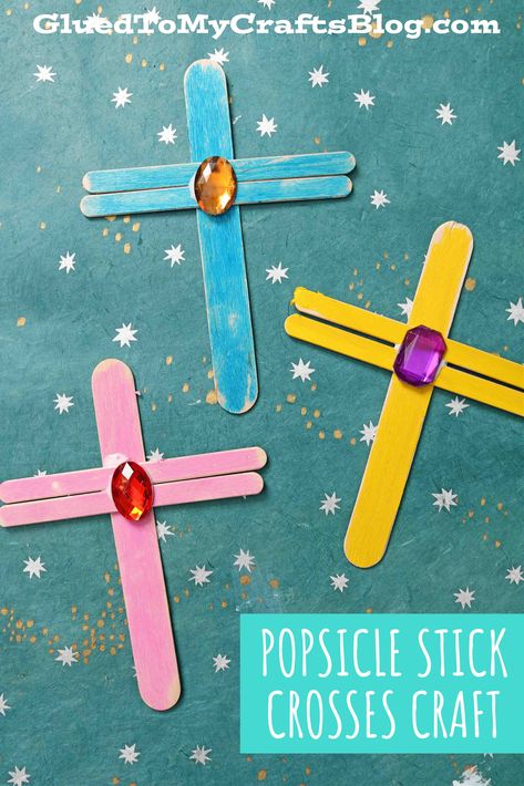 Popsicle Stick Crosses - Kid Craft Idea For Easter Cross Craft For Preschoolers, Easter Cross Crafts, Religious Crafts For Kids, Lent Art, Good Friday Crafts, Idea For Easter, Palm Sunday Crafts, Advent Crafts, Bible School Crafts