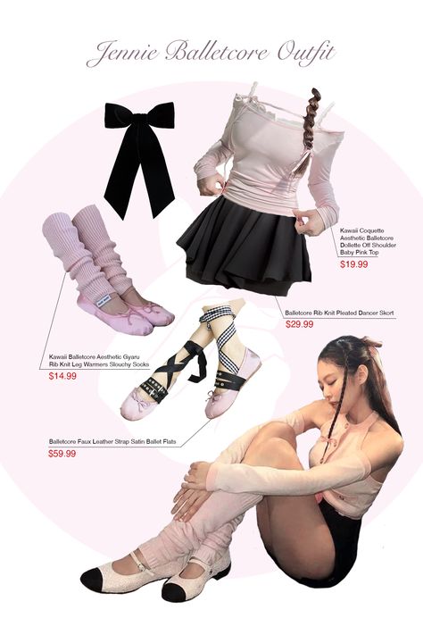 blackpink jennie outfit balletcore outfit blackpink stage outfit Jennie Ribbon Outfit, Jennie Balletcore, Acubi Meets Balletcore, Balletcore Outfit Ideas, Ballet Core Outfits Casual, Ballet Style Outfit, Ballerina Style Outfit, Jennie Blackpink Outfit, Ballet Outfit Aesthetic