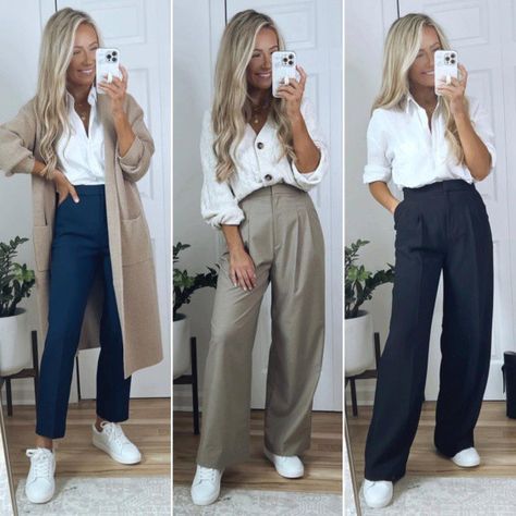 Work Outfits With Sneakers, Outfits With Sneakers, Spring Business Casual Outfits, Business Casual Outfits Winter, Sneakers Outfit Work, Smart Casual Women Outfits, Casual Work Outfits Women, Essential Shirt, Smart Casual Dress