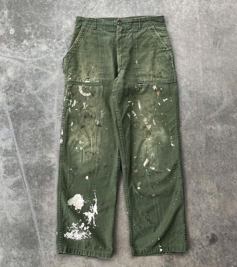 Og 107 Pants, Paint Pants, Distressed Utility Mid-rise Bottoms, Paint Splatter Pants, Utility Denim Workwear Pants, Vintage Workwear Bottoms With Cargo Pockets, Painted Pants, Vintage Military Pants, Vintage Men Style