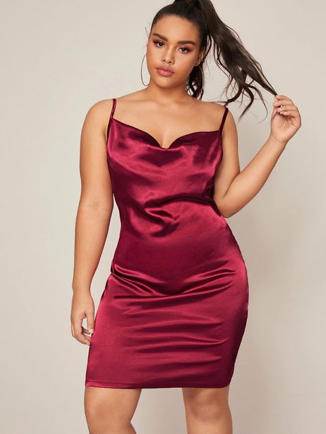 Plus Draped Neck Satin Slip Dress | SHEIN USA Plus Size Birthday Outfit Ideas, Plus Size Birthday Outfit, Plain Spaghetti, Plus Size Gowns Formal, Satin Cami Dress, Cami Mini Dress, Sheer Mesh Dress, Valentines Day Dresses, Mini Cami Dress