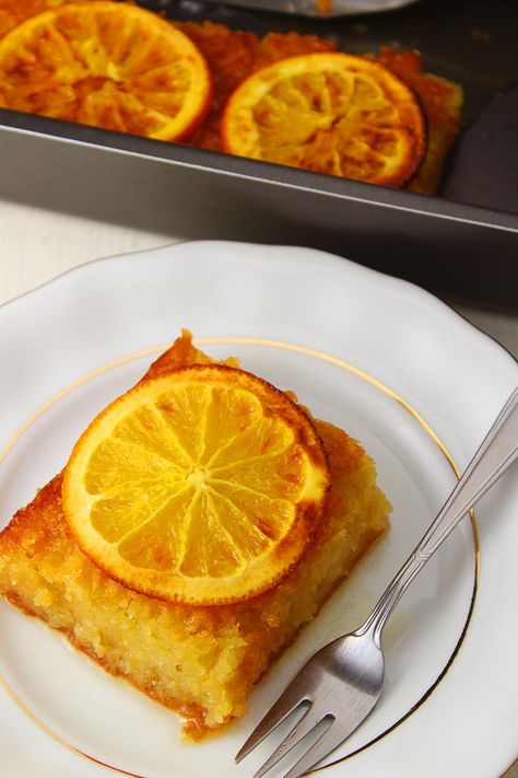 GREEK ORANGE CAKE - PORTOKALOPITA - 30 days of Greek food Orange Greek Yogurt Cake, Greek Orange Honey Cake, Portokalopita Recipe, Greek Orange Cake, Orange Polenta Cake, Greek Dessert, Greek Cake, Greek Yogurt Cake, Polenta Cakes