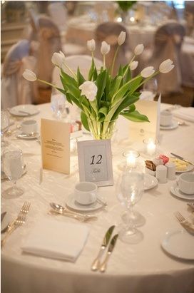 tulip centerpiece w purple thrown in along w some Picasso calla lillies Tall Tulip Centerpieces Wedding, Spring Wedding Flowers Centerpieces White Tulips, Simple Tulip Centerpieces, Spring Tulip Wedding, Tulips Decoration Wedding, Hydrangea And Tulip Centerpiece, Wedding Decorations Tulips, Pink Tulip Centerpiece, Tulips Wedding Centerpiece