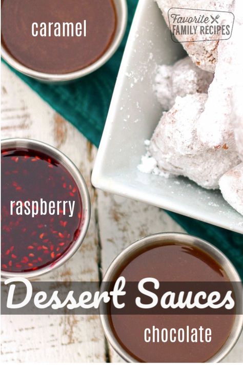 Raspberry Doughnut, Beignets Recipe Easy, Butterscotch Caramel, Ice Cream Sauce, Beignet Recipe, Chocolate Dipping Sauce, Raspberry Desserts, Raspberry Sauce, Dipping Sauces