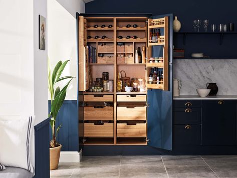 This stylish larder comes with plenty of practical storage space, including two timber drawers. Top Kitchen Trends, Kitchen Larder, Larder Unit, Kitchen Magnet, Kitchen Pantry Cabinets, Kitchen Trends, Pantry Cabinet, Kitchen Tops, Unique Kitchen