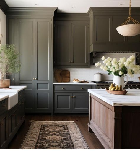 Muted Green Kitchen, Victorian Modern Kitchen, Modern European Home, American Style Kitchen, Dark Green Kitchen, White Oak Kitchen, Mt Baker, Lake House Kitchen, Diy Backsplash