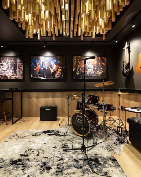 Drum Studio Design, Music Studio Decor Interior Design, Music Studio Interior Design, Music Store Interior, Music Studio Interior, Music Studio Room Ideas, Music Interior Design, Casa Rock, Studio Room Design