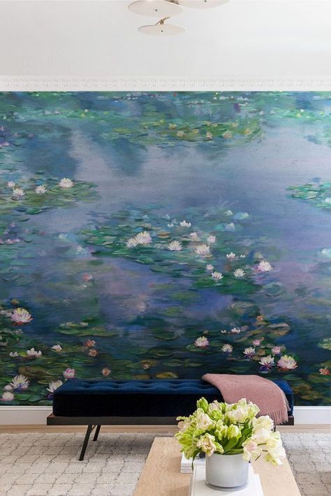 WATER LILIES mural is a dreamy homage to the mastery of nature possessed by the great impressionist artist Claude Monet. Our mural is stylized to any wall dimensions & color of your choice. Monet Wall Mural, Monet Inspired Bedroom, Monet Mural, Monet Bedroom, Water Lily Monet, Monet Decor, Monet Wallpaper, Landscape References, Famous Art Paintings