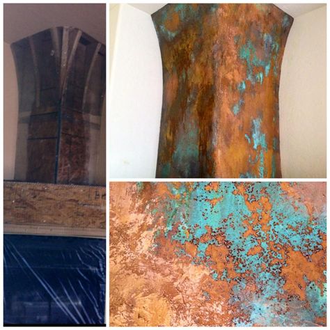 A stunning fireplace finished with Modern Masters Metal Effects Copper Patina and Rust Finish | Melanie Link of Interior Artistry Fireplace Painted, Patina Paint, Damask Stencil, Karim Rashid, Faux Painting, Copper Art, Modern Masters, Wall Paintings, Paint Effects