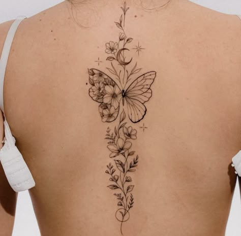 Butterfly Tattoo On Back For Women, Spine Tattoos With Butterflies, Flower Spinal Tattoo, Spinal Tattoo Women Flower, Dainty Floral Spine Tattoo, Spinal Tattoos For Women, Daisy Spine Tattoo, Spine Flower Tattoo, Butterfly Spine Tattoo