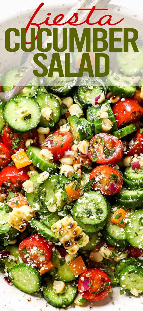 Easy Mexican Cucumber Salad Recipe - Carlsbad Cravings Taco Cucumber Salad, Mexican Inspired Salad, Non Traditional Salads, Mexican Themed Potluck Ideas, Fiesta Potluck Ideas, Cucamelon Salad, Cheap Salads For A Crowd, Tiktok Salad Recipes, Scoopable Salad