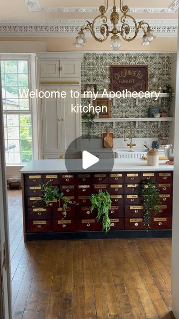 Helena Garcia on Instagram: "Oh I do love her! The Apothecary kitchen was in my mind even before we found this house. The kitchen is the most important room in the house for me and even though this room was originally the dining room I think it was worth the effort turning it into the kitchen. We had to open the chimney breast, add plumbing, remove carpets and wallpaper etc, but it was all well worth it.  A lot of you have asked about the apothecary drawers at the front. They are only about 30cm deep so we built the island around them. On the other side there’s open shelving full of plates, bowls etc.   #interiordesign #darkinteriors #darkacademia #victorianrenovation #victorianhouserenovation #apothecary #victorianapothecary #vintagehome #periodhome #gbbo #periodhomesofinsta" Apothecary Kitchen Island, Helena Garcia, Prospect Cottage, Apothecary Drawers, Modern Victorian Decor, Apothecary Kitchen, Victorian House Renovation, Witchy Cottage, Flat Kitchen