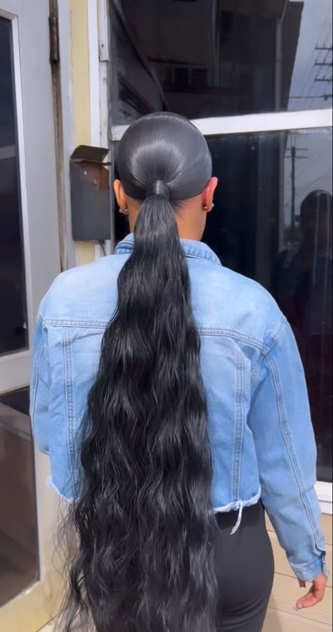 Middle Part Long Ponytail, Middle Part Slick Back Ponytail Weave, Middle Part Ponytail Black Women, Slick Back Ponytail Weave, Body Wave Ponytail, Long Curly Ponytail, Slick Ponytail, Weave Ponytail Hairstyles, Sleek Ponytail Hairstyles