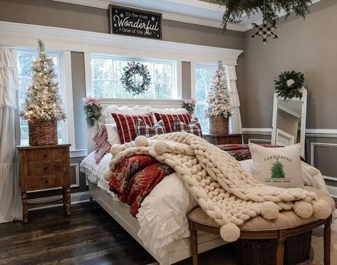 photo a Farmhouse Home’s Instagram photo: “We just want to cuddle up in this cozy farmhouse bedr Cozy Farmhouse Bedroom, Holiday Room Decor, Holiday Room, Farmhouse Bedding, Christmas Bedding, Christmas Decorations Bedroom, Christmas Room Decor, Christmas Bedroom, Farmhouse Bedroom Decor