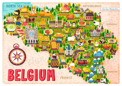 Map Of Belgium, Belgium Illustration, Belgium Poster, Belgium Aesthetic, World Map Continents, Hong Kong Map, Belgium Food, Belgium Map, Illustrated Maps