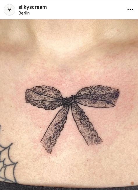 Butterfly With Ribbon Tattoo, Lace Dragonfly Tattoo, Outcast Tattoo Ideas, Lace Ribbon Tattoo, Decolletage Tattoo, Soft Grunge Tattoo, How Tattoo, 1950s Tattoos, Cover Tatoos Ideas