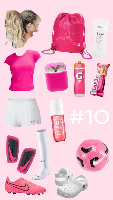 #soccer #10 #pink #preppy #summer Preppy Softball, Preppy Soccer, Soccer Fits, Soccer Girls Outfits, Summer Shuffles, Pink Soccer Cleats, Soccer Aesthetic, Soccer Essentials, Athletic Outfit