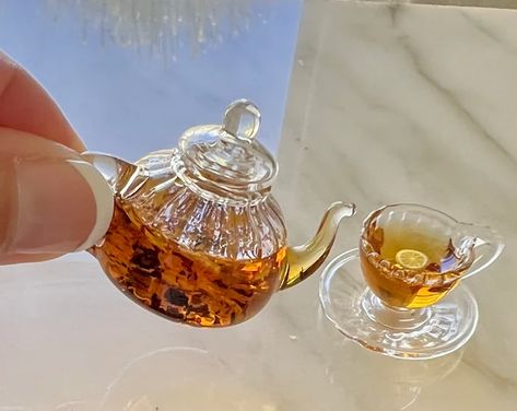 DivineDesignsByAnne - Etsy Canada Miniature Tea Party, Tiny Tea Set, Mini Choses, Tea Pot And Cup, Glass Miniatures, Glass Tea Pot, Tea Pots Art, Mini Tea Set, White Tea Cups