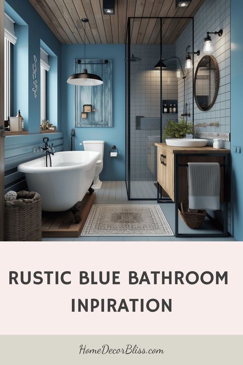 blue rustic bathroom Rustic Blue Bathroom, Beige And Blue Bathroom, Rustic Color Schemes, Earthy Elements, Charming Aesthetic, Blue Bathroom Decor, Bathroom Color Schemes, Coastal Contemporary, Wallpaper Walls Decor