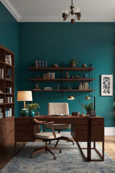 calm atmosphere, peaceful environment, interior decoration, home office design Teal Home Office Ideas, Home Office Teal, Teal Home Office, Turquoise Office, Teal Office, Shared Home Office, Bedroom Colours, Beach Studio, Cozy Office