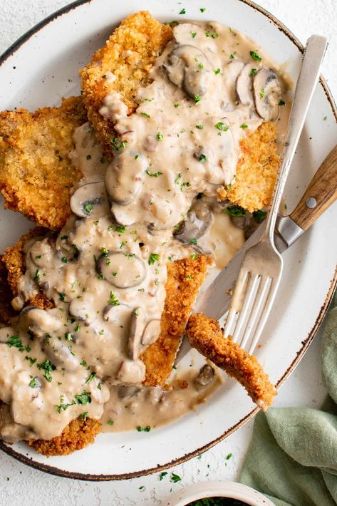 Breaded Pork Chops With Mushroom Gravy, Schnitzel With Mushroom Gravy, Pork Chops And Spatzle, Pork And Spaetzle, German Snitzel Dinner, Baked Schnitzel Pork, Best Schnitzel Recipe, Easy Recipes With Pork, Chicken Schnitzel With Mushroom Sauce