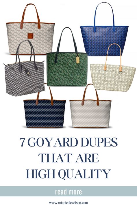 Click to read more about these Goyard tote dupes that aren't cheap knockoffs! These are the 7 best Goyard bag dupes that are high quality and have a similar vibe - all without breaking the bank. Goyard Tote Monogram, Goyard Tote Outfit, Cheap Tote Bags, Goyard Tote Bag, Goyard Saint Louis, Tote Bag Outfit, Goyard Tote, Tote Outfit, Tory Burch Tote