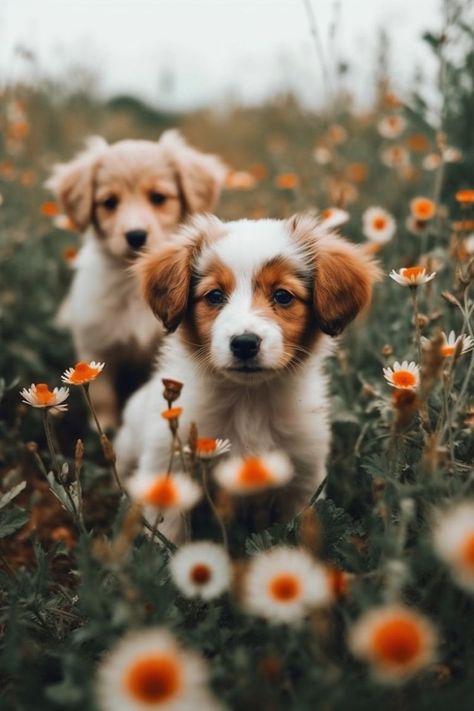 Dog Photoshoot Flowers, Dog Flower Photoshoot, Spring Dog Photoshoot, New Puppy Photoshoot, Dogs In Nature, Puppy Photoshoot, Puppy Portraits, Puppy Photography, Dog Line Art