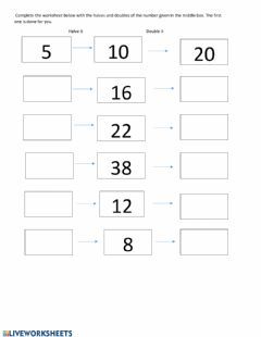 Maths worksheet Language:  Grade/level: Grade 1 School subject: Math Main content: Doubling and halving Other contents: double and halve Doubling And Halving Activities Grade 2, Doubling And Halving Activities, Doubling And Halving, Math Doubles, Worksheet For Class 2, Maths Worksheet, First Grade Worksheets, Math Interactive, Fun Math Activities