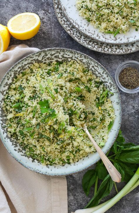 Lemon-Herb Couscous - Domesticate ME Herb Couscous Recipes, Carribean Salad, Cilantro Couscous, Herby Couscous, Herb Couscous, Everyday Dinners, Mediterranean Meals, Veg Soup, Couscous Recipes