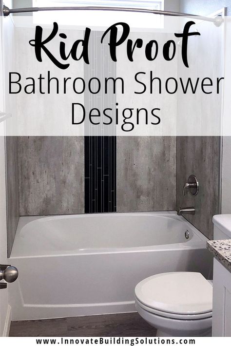 Check out these KID PROOF bathroom designs that are easy to clean and stylish! Great for your kids or your grandkids when they come to visit. | Innovate Building Solutions | #Bathroomremodel #KidsBathroom #HallwayBathroom |  Bathroom Remodel | Bathroom Hallway | Kids Bathroom | Bathroom Remodeling Design Easy To Clean Bathroom Flooring, Practical Bathroom Design, Easy Clean Bathroom Design, Guest Kids Bathroom Ideas, Kids Bathroom Remodel Ideas, Kid Bathroom Remodel, Kid Friendly Bathroom Remodel, Children’s Bathroom, Kids Modern Bathroom